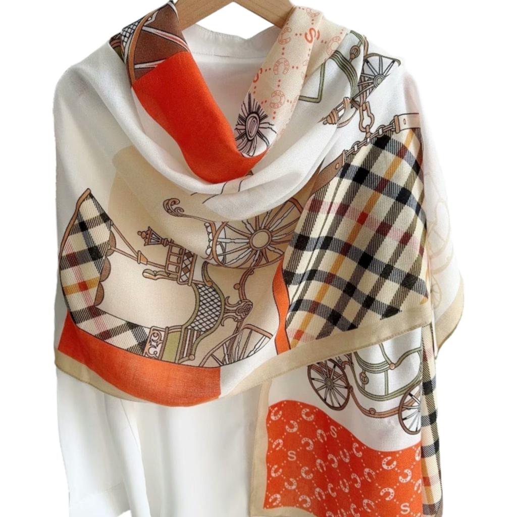 Retro Scarf With Diamonds And Carriages Print - 100% Viscose, 180X85