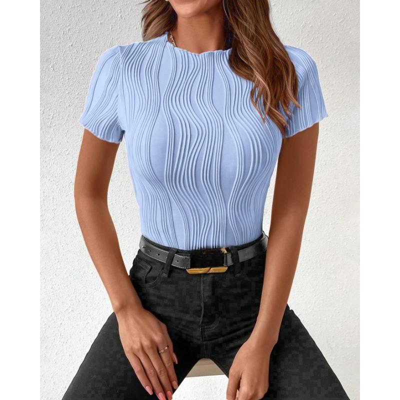 Summer Round Neck Slim Fit Short Sleeved T-shirt Elegant Simple Top Fashion Street Wear Casual Solid Color Blouse Pleated Office Shirts Tees