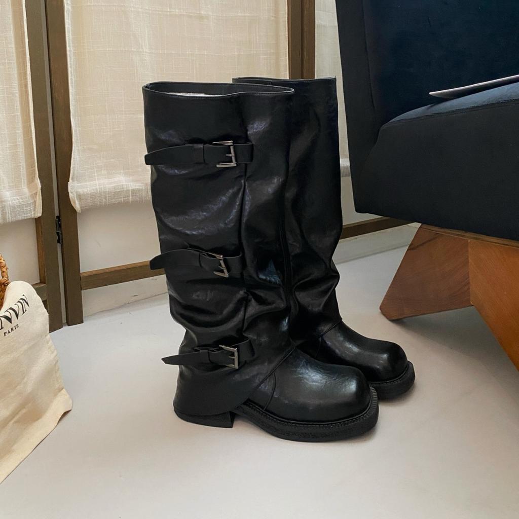 2025 Spring and Autumn New American Retro Style Pleated Design Thick Heel Belt Buckle Personalized Versatile Medium Boots Women