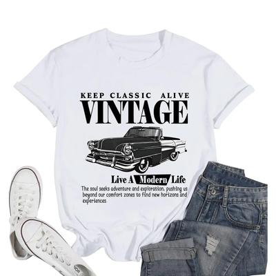 Playtravel Vintage Cars T Shirt for Unisex Aesthetic Streetwear Summer Letter Crewneck Cotton Tops Vintage Washed
