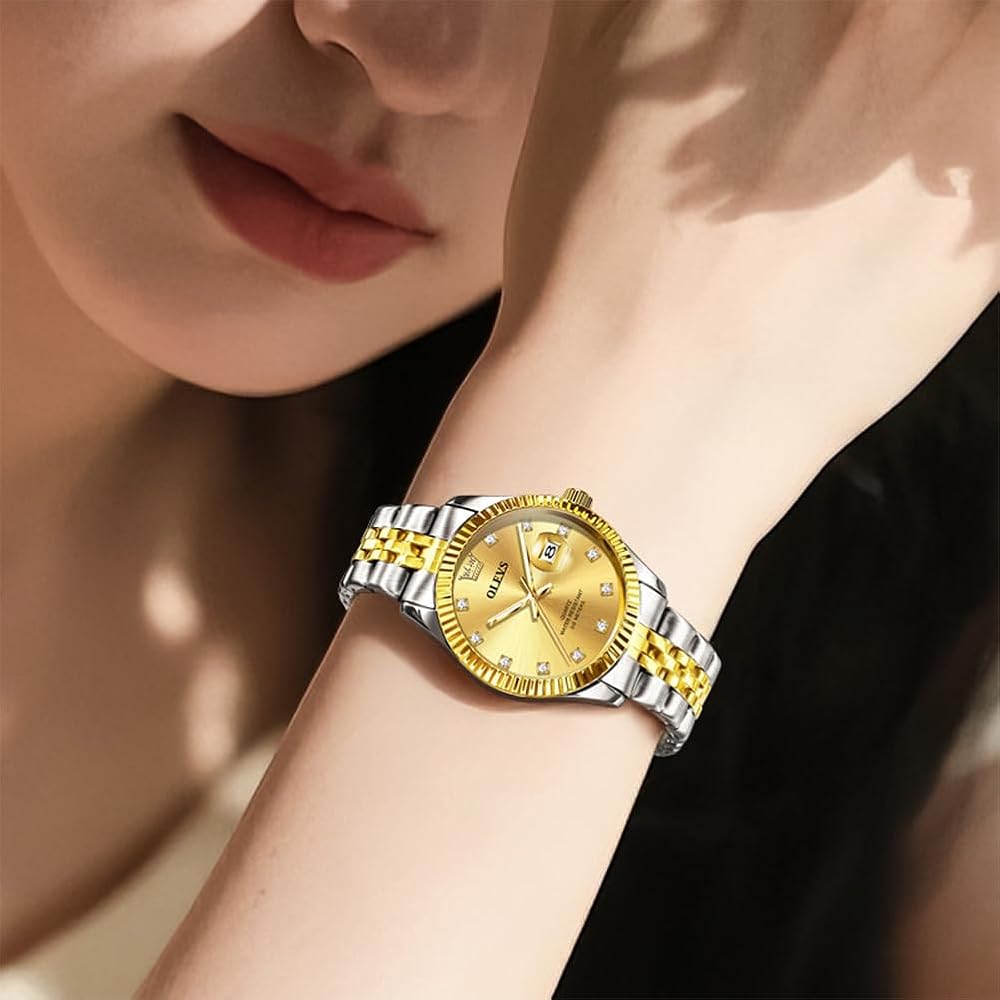 OLEVS Women's Fashion Dress Watch Analog Quartz Waterproof Stainless Steel Two-Tone with Diamond Gold Dial