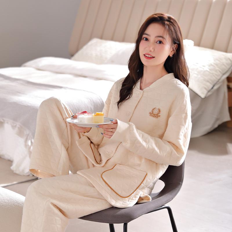 Pajamas Women'S Spring And Autumn Thickened Pure Cotton Long-Sleeved Winter Cotton Thin Padded Women'S Autumn And Winter Air Cotton Loungewear