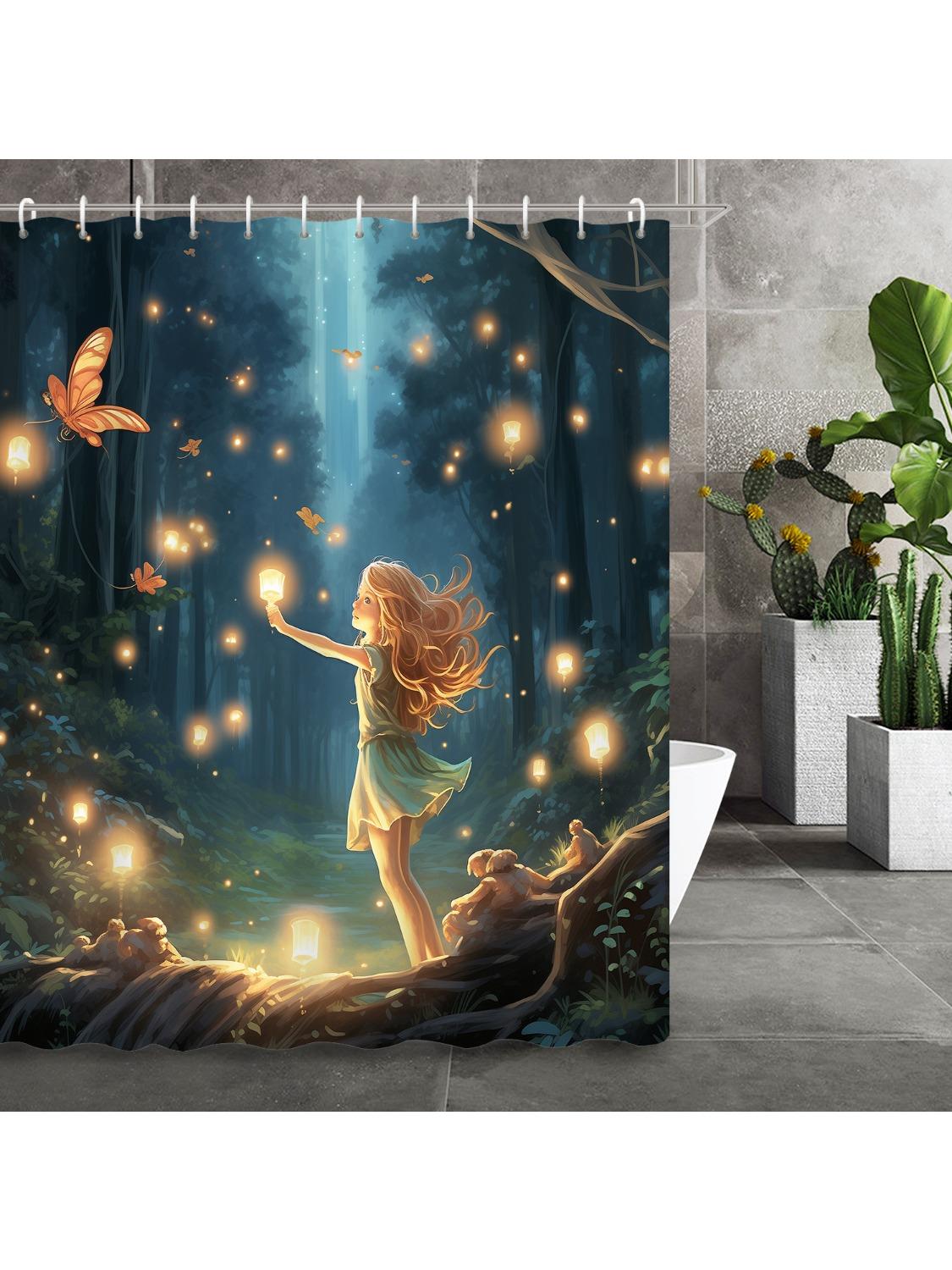

Fluorescent Butterfly Dream Forest Shower Curtain with 12 Hooks - Bathroom Decor & Accessories W90xH180cm