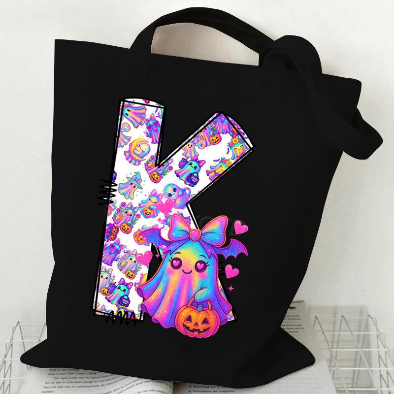 Halloween Alphabet Canvas Bag Going Out Portable Handbag Women's Large Capacity Casual Shoulder Crossbody Bag