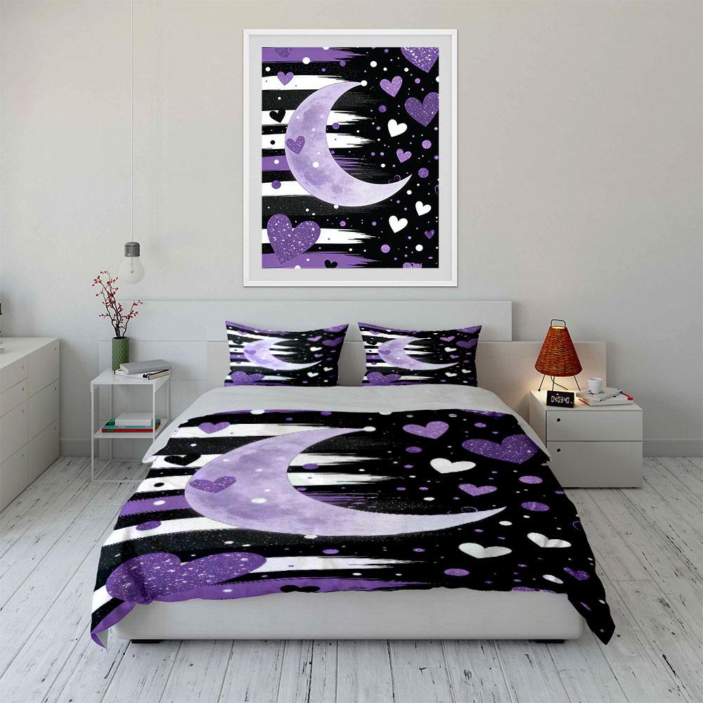 Purple Moon, Hearts, Stripes. Bedding Sets Duvet Cover Sets Duvet Covers Pillowcases(1 * Duvet Cover 2 * Pillowcases Without Duvet Insert)