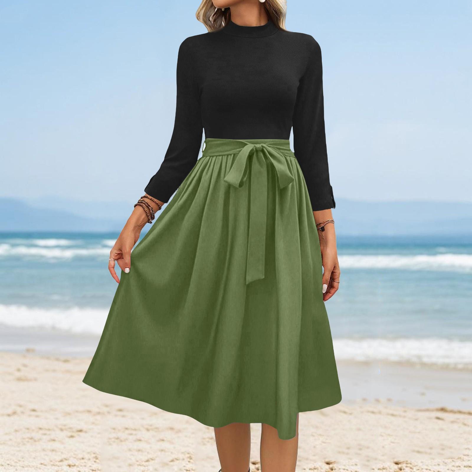 Women s Fashion Casual Belt Seven Sleeve Round Neck Color Temperament Dresses L