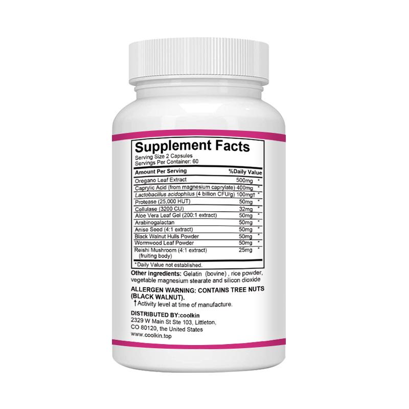 Coolkin Complex Capsules, containing oregano, aloe vera extract, probiotics, and digestive enzymes, suitable for adults.