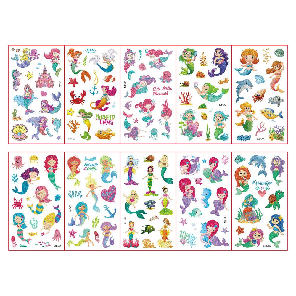 10 Fogli/Set Tatuaggi Adesivi Colorati con Polvere Glitterata Cartone Animato Animale Unicorno Principessa Veicolo Tatuaggio Temporaneo Finto per Bambini