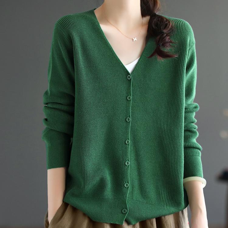 Loose Fashion Foreign Style Retro Long-sleeved Cardigan Women's Literary V-neck Solid Color Cotton Thread Knitted Jacket Women's Autumn and Winter