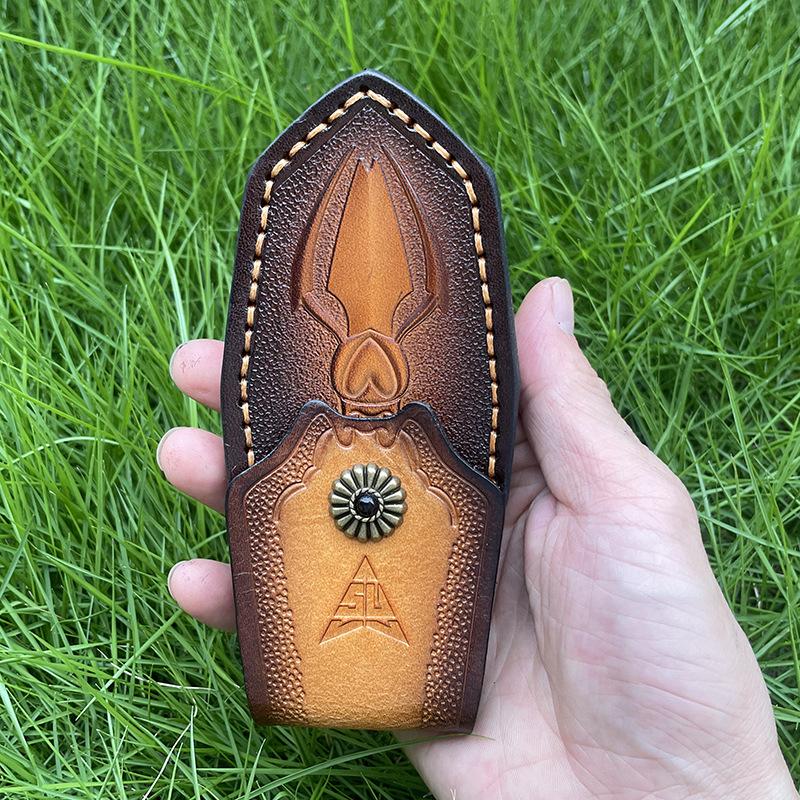 Foling Knife Holder Embossed Cowhide Scabbard Pocket  Knife Cover Split  Leather Case  Camping Knife Holsters Military Knife Cover Belt Buckle