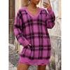 Womens Winter Knit Dress Loose Fit V-Neck Long Sleeve Plaid Color Block Midi Sweater