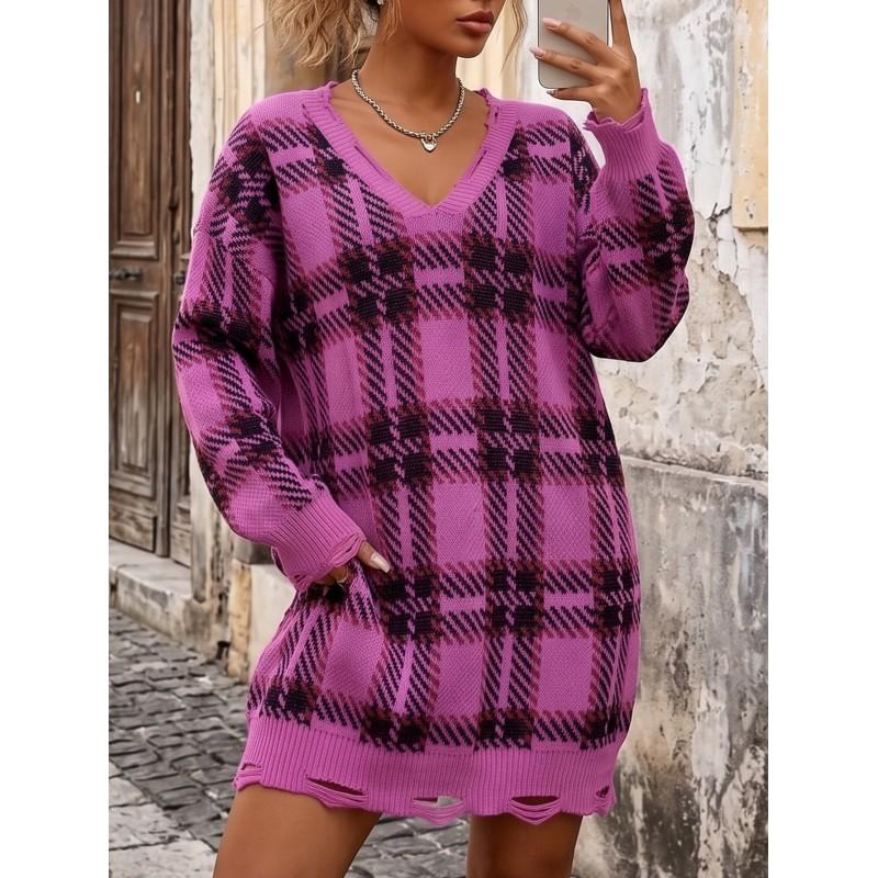 Womens Winter Knit Dress Loose Fit V-Neck Long Sleeve Plaid Color Block Midi Sweater