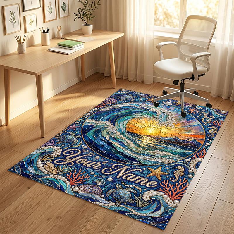 Ocean Waves Theme Soft Crystal Velvet Rug Custom Name & Text Print Non Slip Floor Rug for Bedroom Living Room