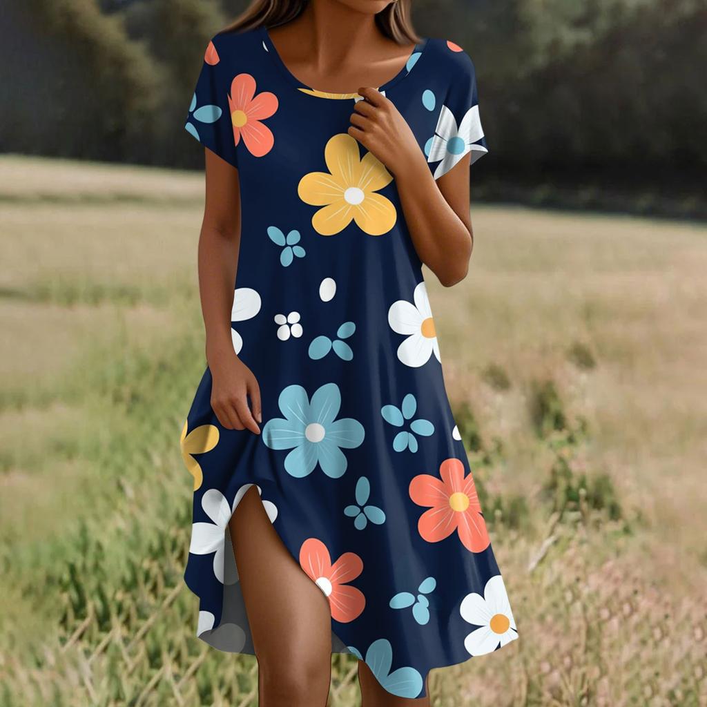 Short Sleeve Boho Dress For Women Casual Loose Fit Summer Sundress Floral Print Dress With Pockets
