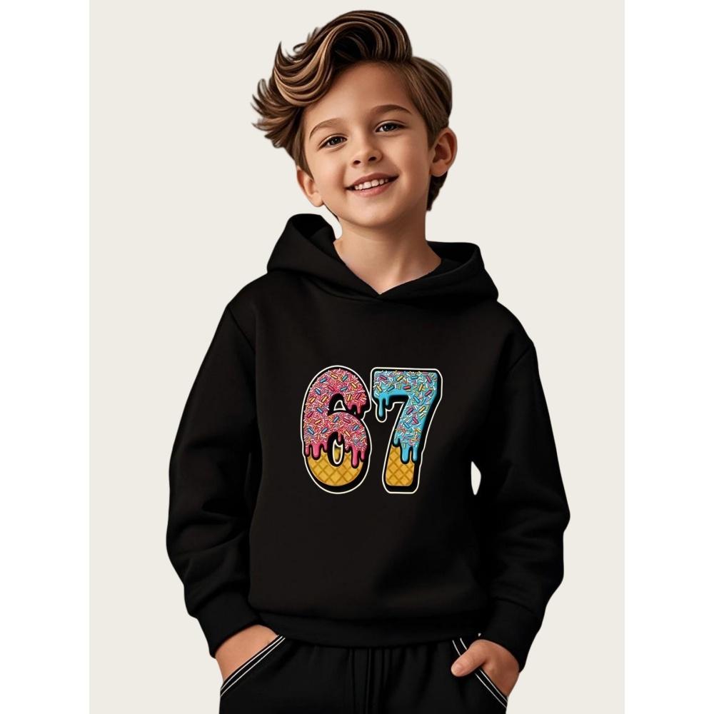 Huiteng1 Meme 67 Patroon Hoodie voor Jongen Casual Ronde Hals Korte Mouwen Hoodie Comfortabel Trendy Street Lange Mouw Kinderkleding 120