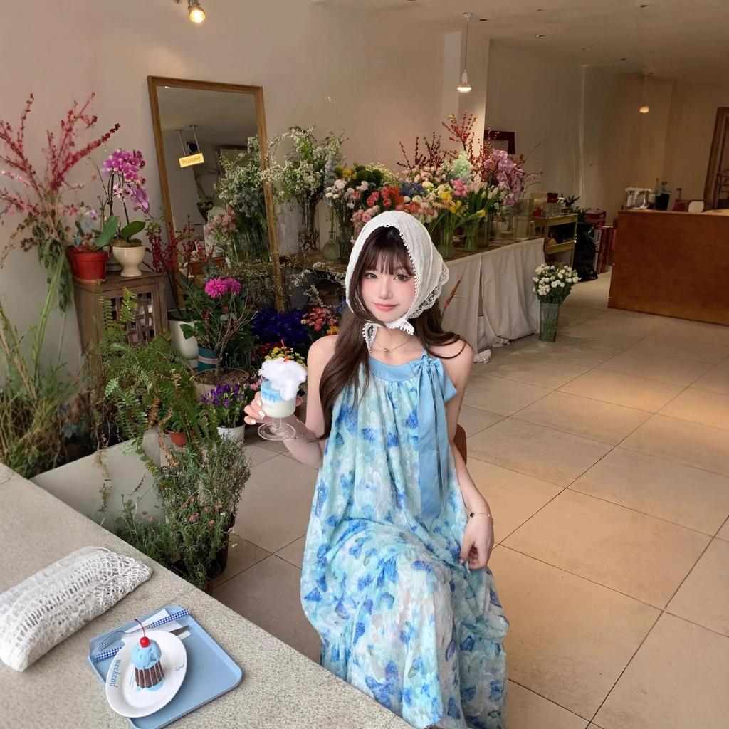 Seaside vacation wind blue butterfly girlish feeling lace-up neck dress female summer small fairy long skirt