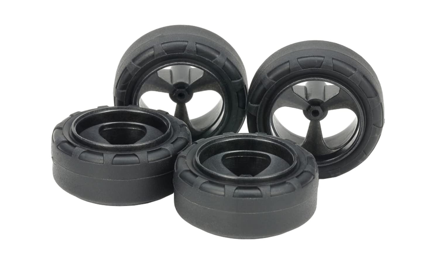 

Tamiya Mini 4WD Special Edition Super Hard Narrow Small Diameter Tires Carbon Reinforced Wheels 95635 (24mm) & 3-Spoke (Black) чорний