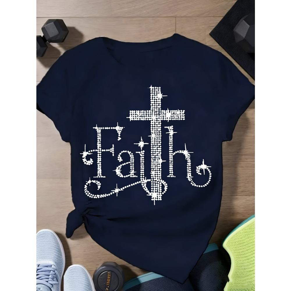 Women Cotton Short Sleeves T-shirts Faith Cross Rhinestone Women's Tee Christian Religious Graphic Black Top