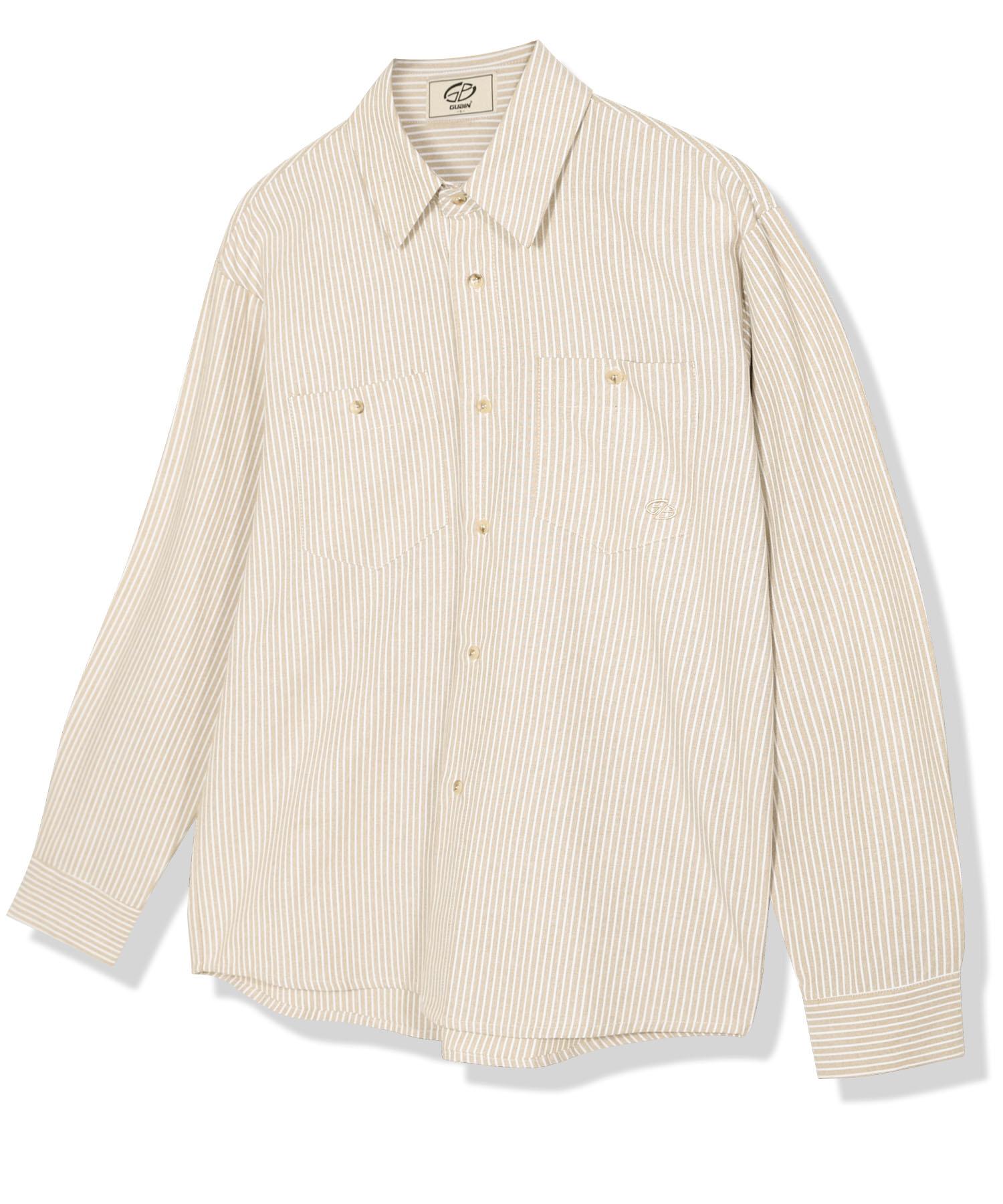Goobin Lettering Sleeve Striped Shirt - Beige Beige/S
