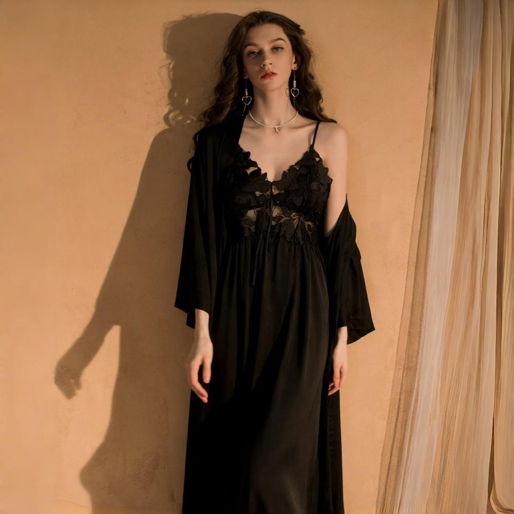 French Romantic Lace Nightgown & Silk Robe Set - High-End Elegant Homewear