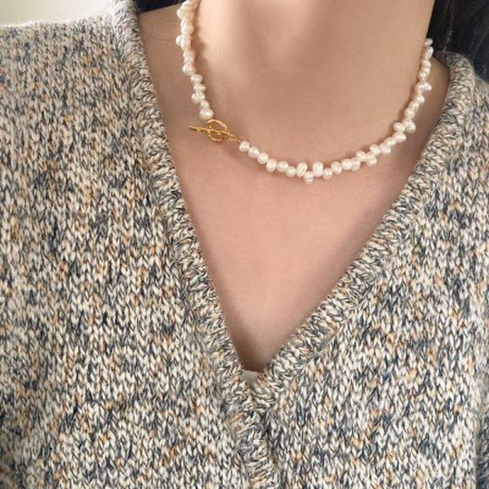 Rice Ball Ugly Natural Freshwater Pearl Silver Toggle Bar Necklace