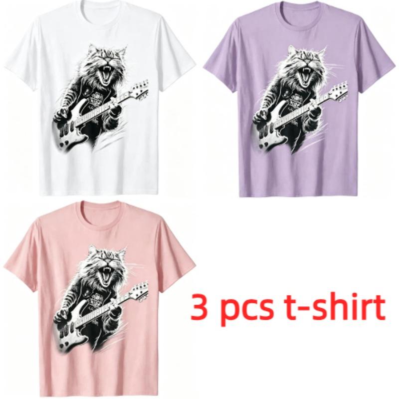 Fun Rock Guitarist Cat Pattern Print Men's T-shirt Summer Men's and Women's Casual Fashion Tops Men's Short Sleeve T-shirt Oversize Clothing