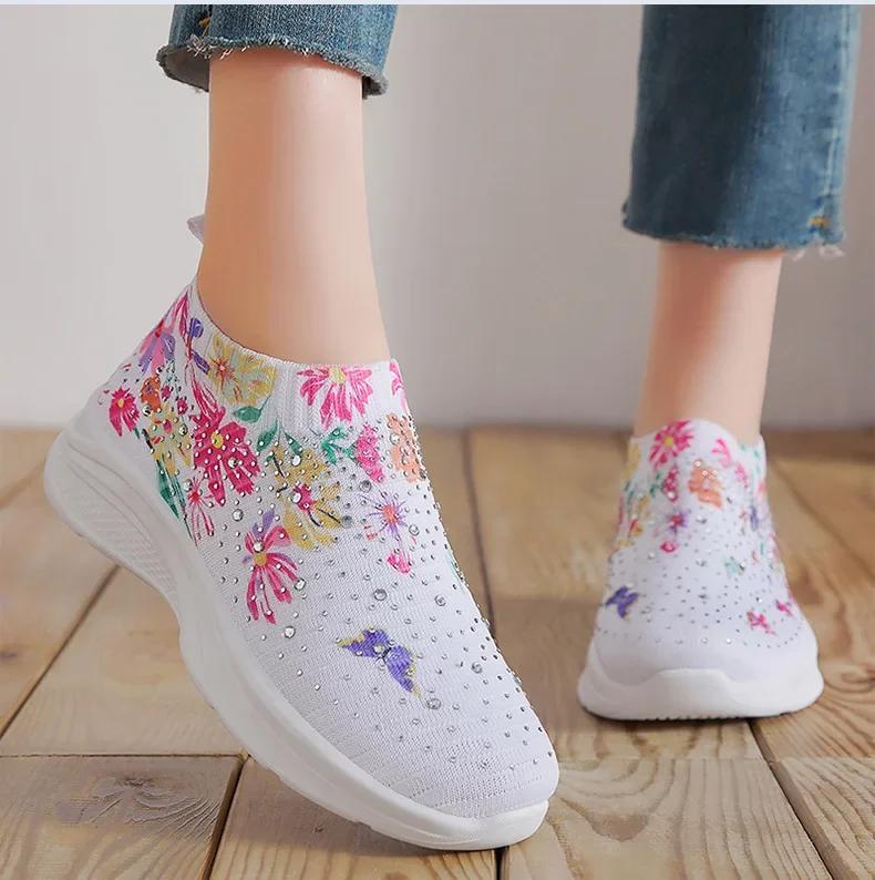 Fashion Spring Autumn New Women's Fashion Vulcanize Shoes Water Diamond Casual Breathable Shoes Slip On Printed Women's Sports Shoes