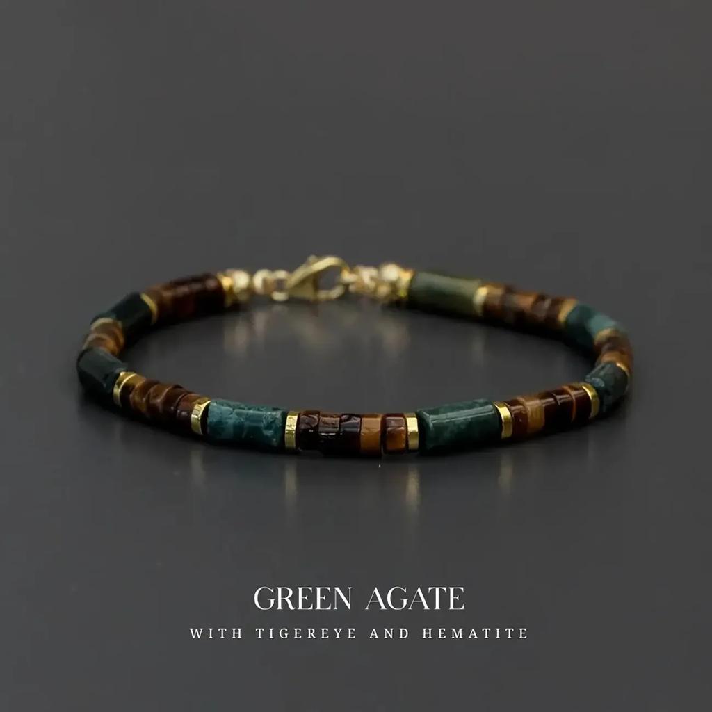 Hochwertiges Herren-Armband mit Perlen aus Moosachat und Tigerauge-Steinen, Symbol für Stärke, Mut und Wohlstand