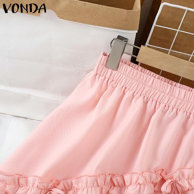 VONDA Women Casual Elastic Waist Solid Color Layered Ruffle Skirts