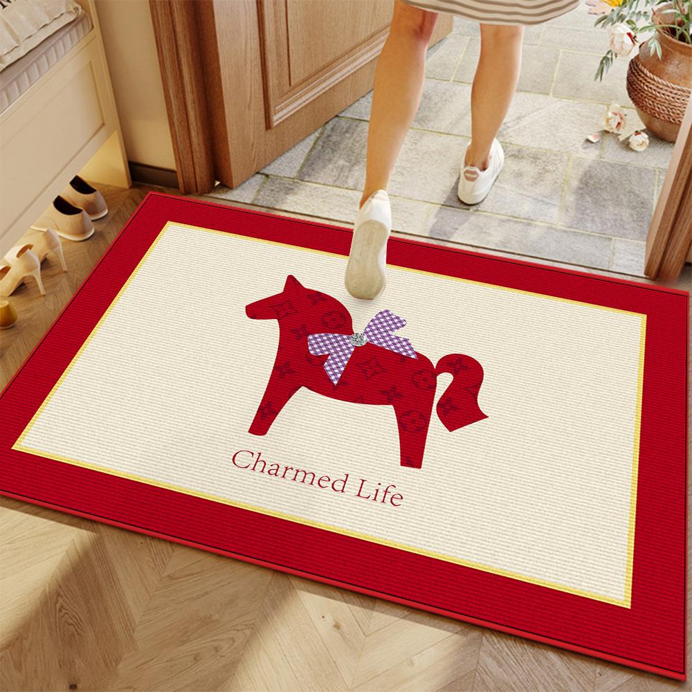 Red Cartoon Horse Welcome Doormat, Non‑Slip Anti‑Dirt Floor Mat, Vintage Cute Animal Print Entrance Rug, Decorative Carpet For F