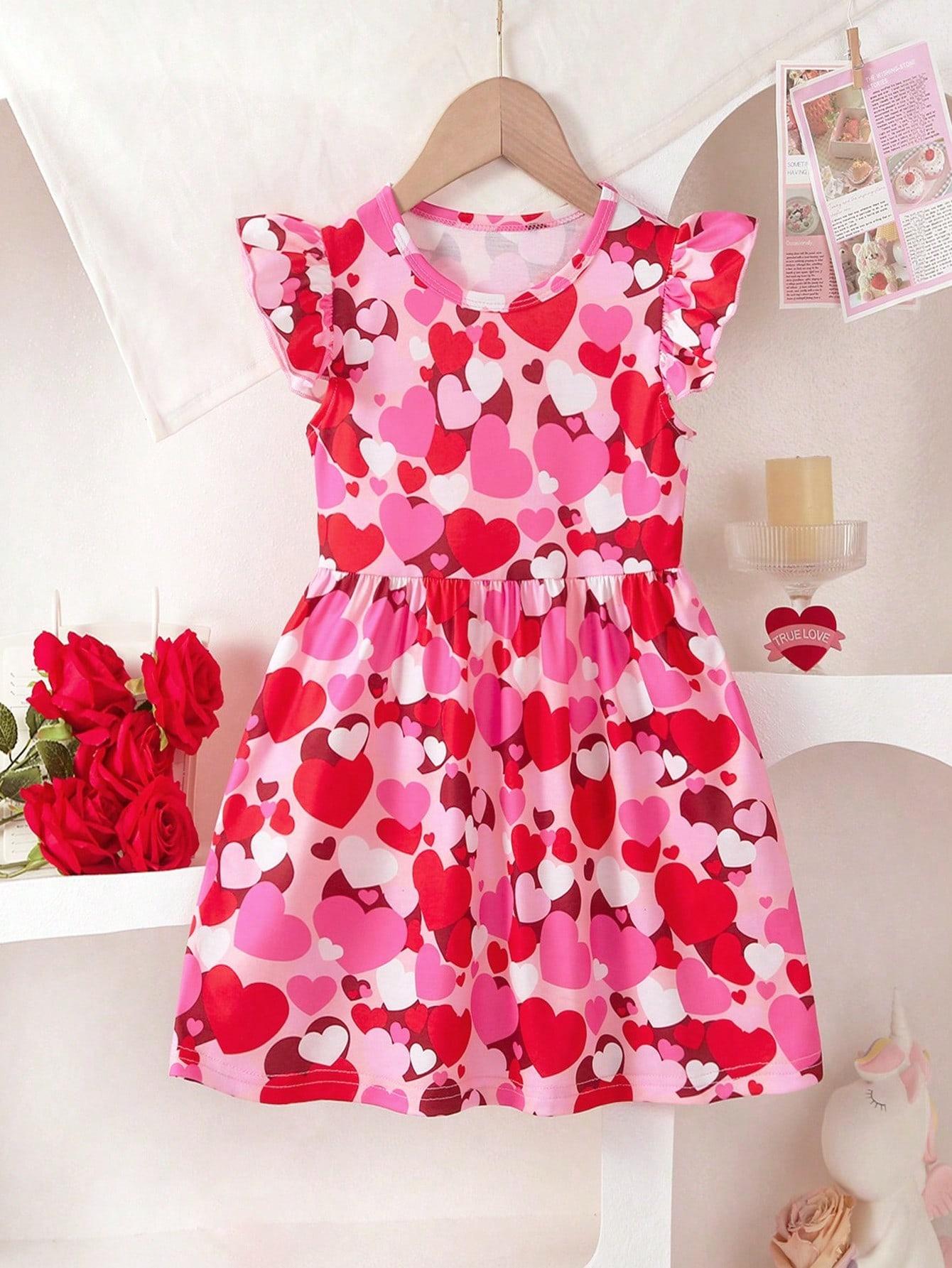 

Single-piece heart-print short-sleeved dress for toddlers, spring/summer style. 4Y