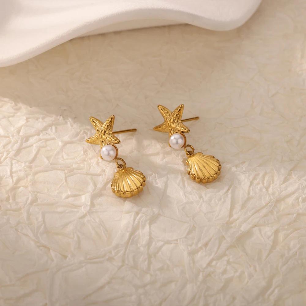 Hot Selling Starfish Conch Earrings Marine Life Stainless Steel Earrings Seaside Beach Wind Earrings
