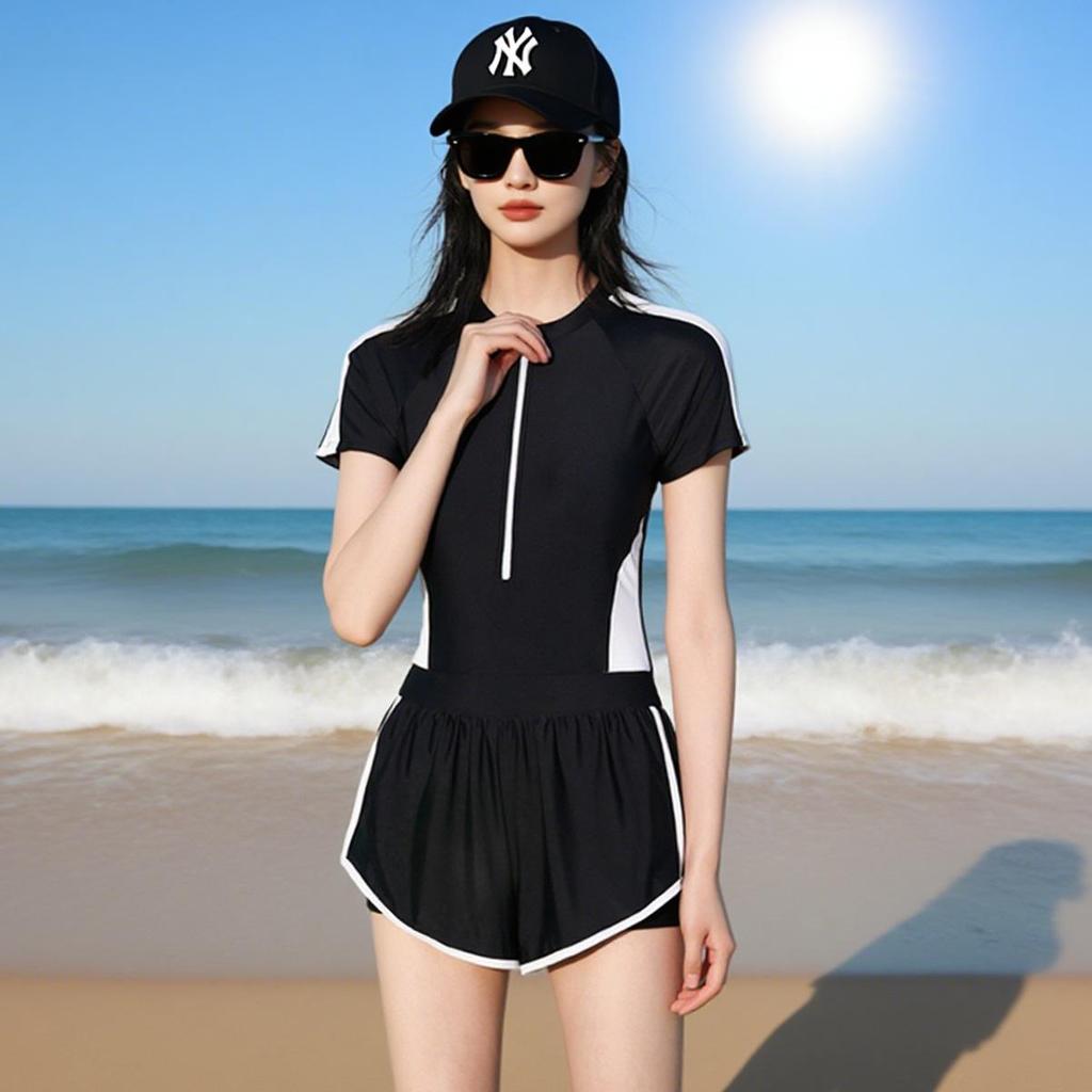 Conservative Long Sleeve Swimwear: Slimming Tummy Control Boyleg One-Piece for Female Students