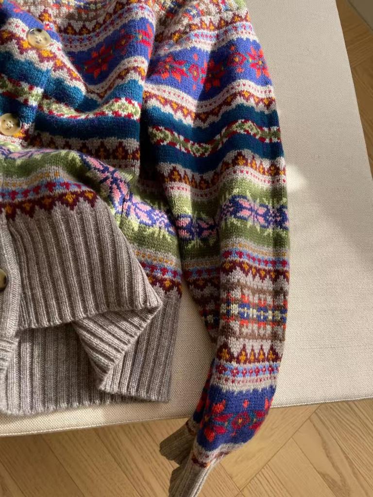 Damen Nordischer Stil Fair Isle Woll-Cardigan Pullover - Robust, Rundhals Strick