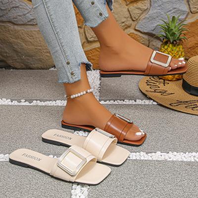 Leisure Slippers Women Casual Flat Low Heels Sweet Basic Women Shoes Solid Leather Metal Decoration Summer Sandals Plus Size