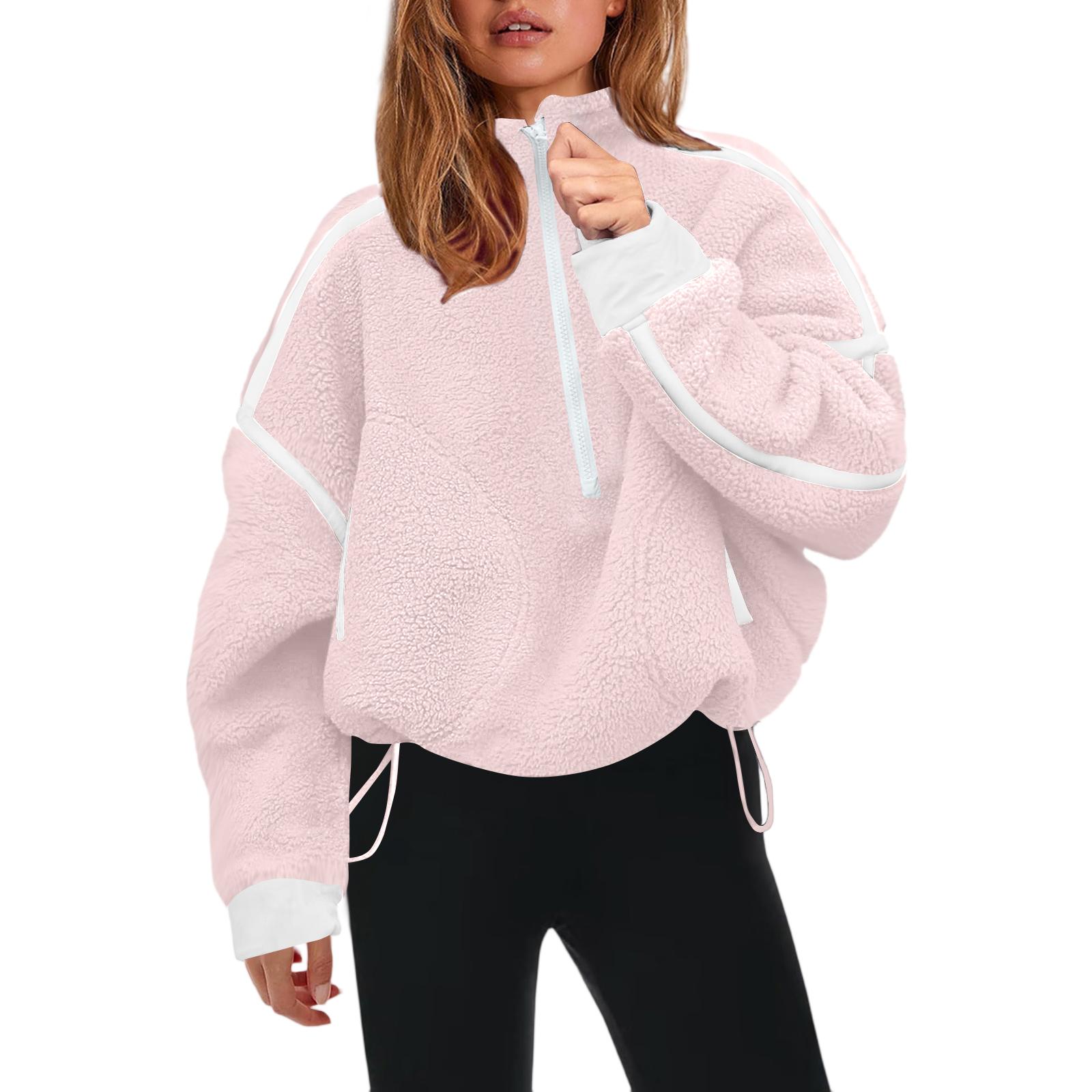 

Women s Color Semi High Neck Sweatshirt, Casual Zipper Loose Top Sweatshirt M рожевий