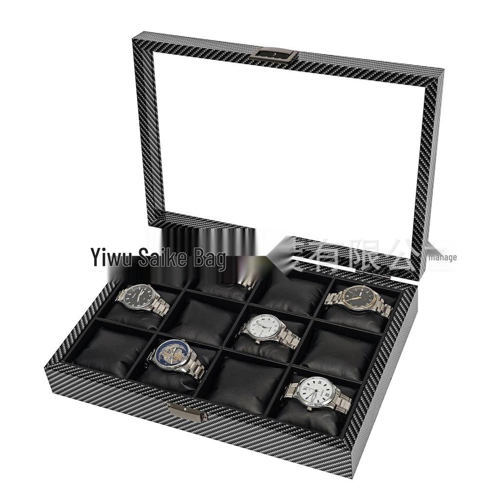 Carbon Fiber Pattern Wood & Silk Cotton 12-Slot Watch Display Box.
