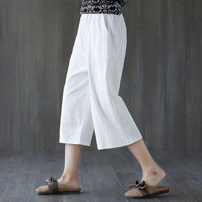 women's High Waist Cotton Linen Wide Leg Cropped Pants Summer Loose Casual Sevena??Point Trousers Plus Size Mom Pants