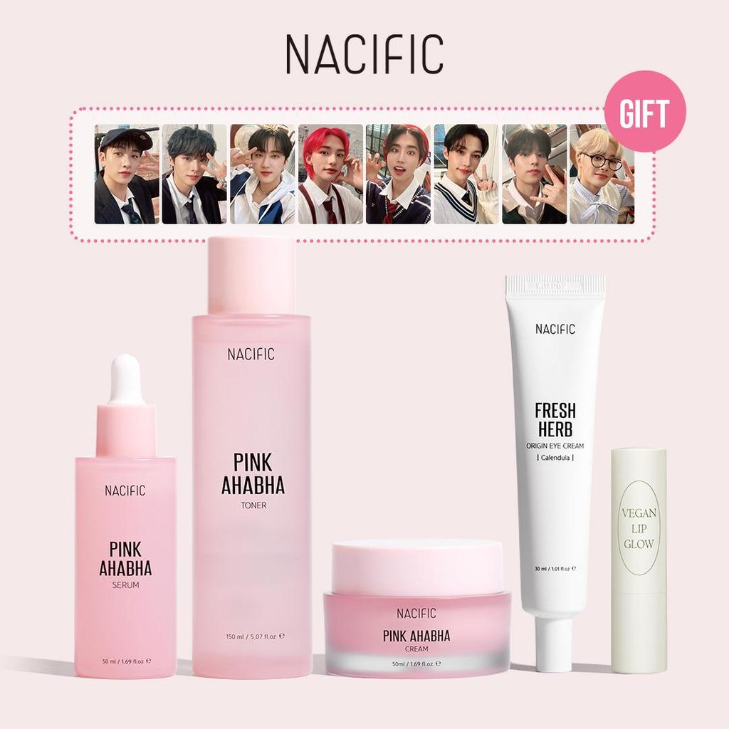[NACIFIC X SKZ] Pink AHA BHA Set (toner, serum,cream),Fresh Herb Origin Eye Cream+ Lip Balm
