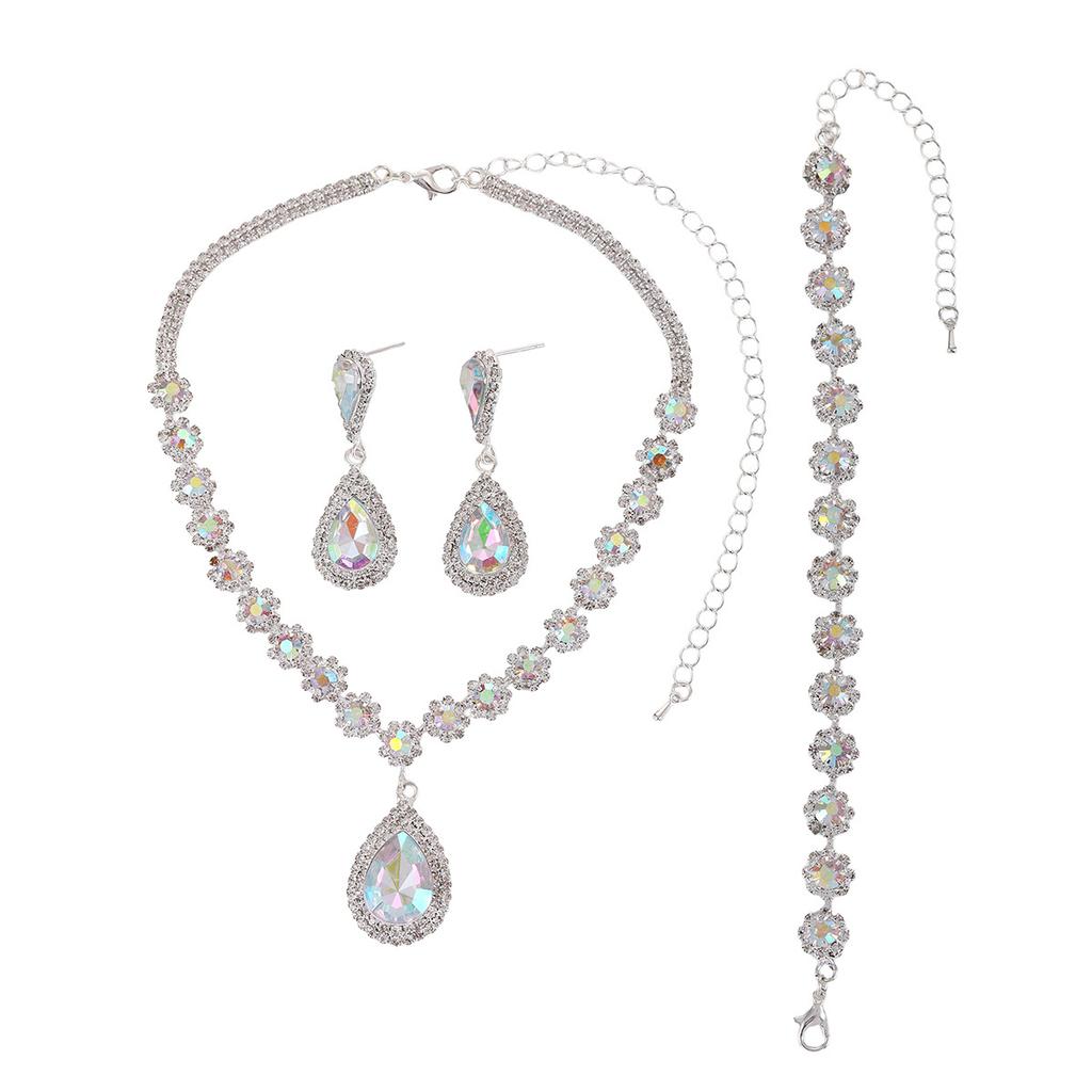 2026 Jewelry Necklace Earrings Bracelet Three-piece Full Diamond Flower Bridal Jewelry Set Dress Accessories