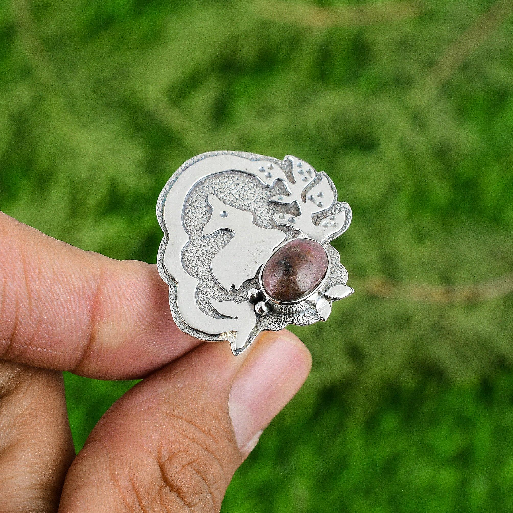 

Oval Rhodonite Gemstone 925 Silver Statement Solitaire Bezel Heart Chakra Ring Adjustable