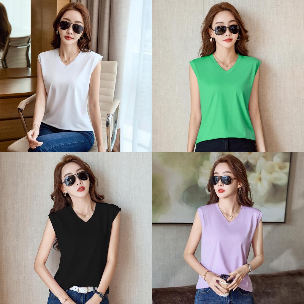 Silk Cotton Sleeveless Vneck T Shirt For Women With Breathable Fabric Summer Casual Wear