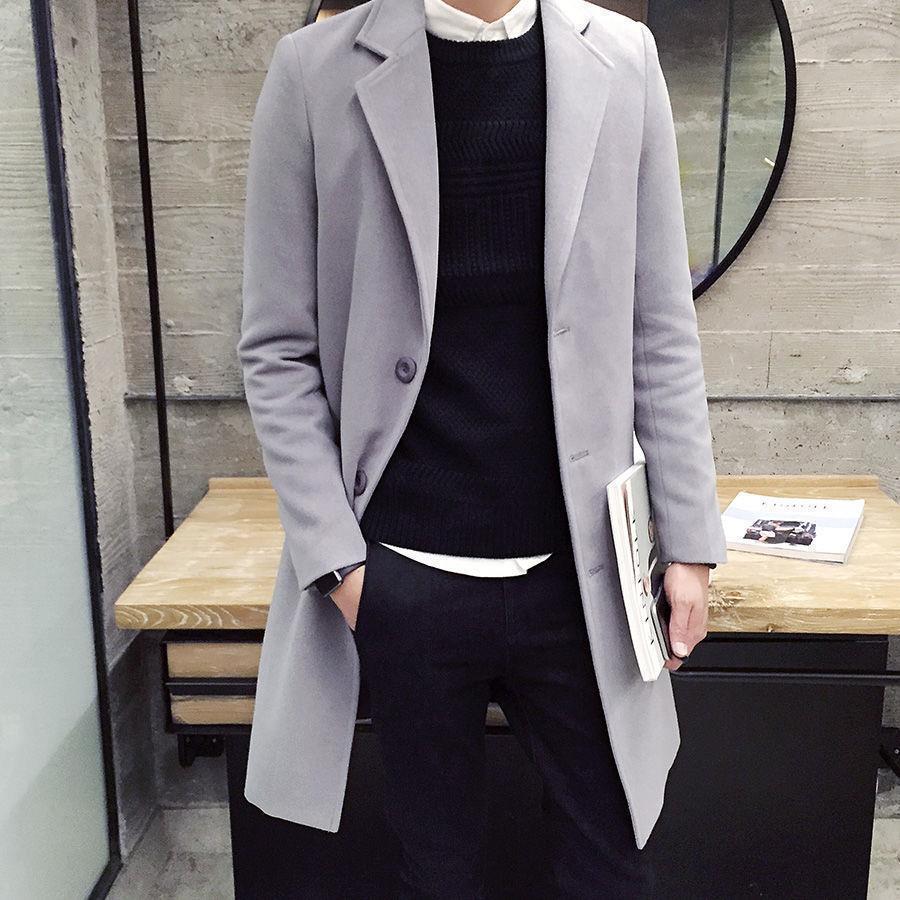 Pánská úzká vlněná větrovka, střední délky, korejský styl, pro podzimní a zimní obchodní nošení