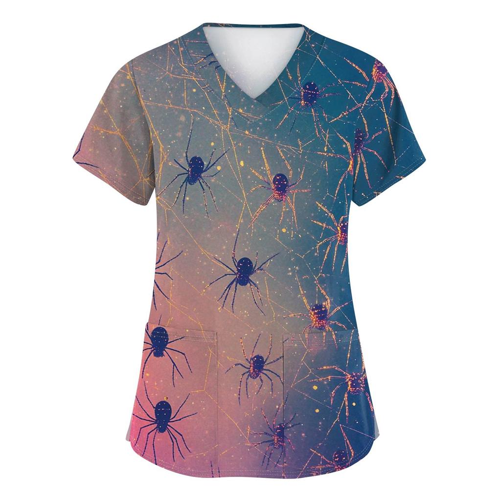 Women's Fashion V-neck Short-sleeved Work Uniform With Pockets, Halloween Print Top