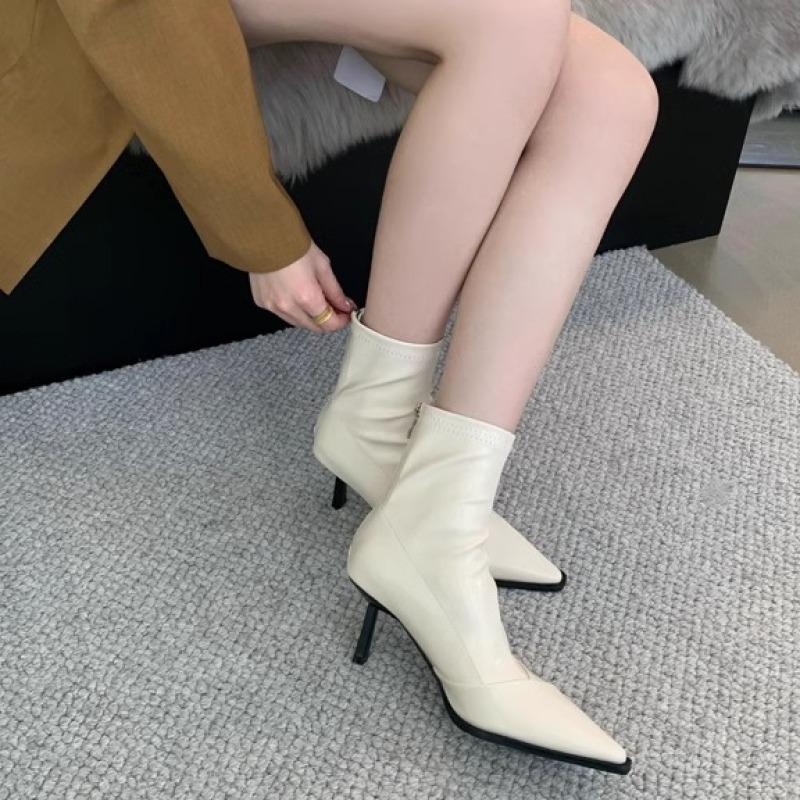 High-heeled short boots women's 2025 autumn and winter new pointed-toed foreign-style versatile elastic boots white thin boots women's thin-heeled sh