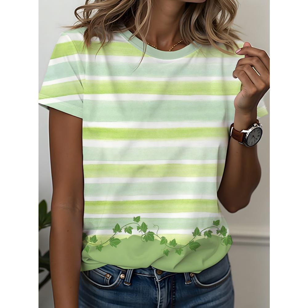 

Watercolor gradient striped all-over printed T-shirt suitable for spring, summer and autumn, machine washable 100