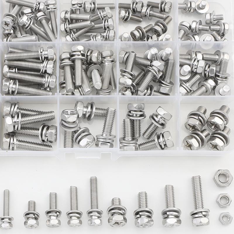 304 Stainless Steel Hex Head Bolt Set with Flat and Spring Washers