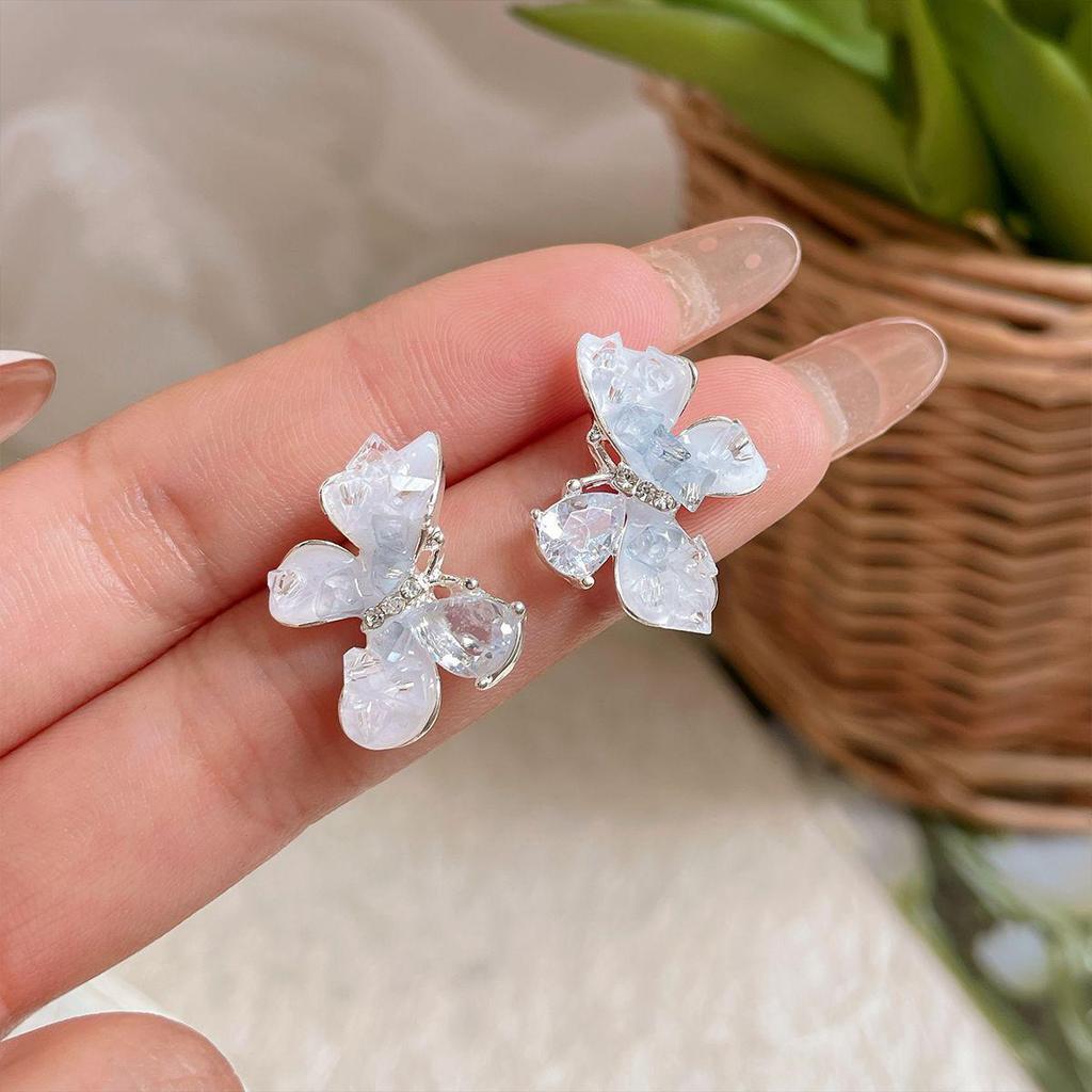 Summer Peach & Mist Blue Crystal Butterfly Earrings - Elegant Silver Needle Design for Women