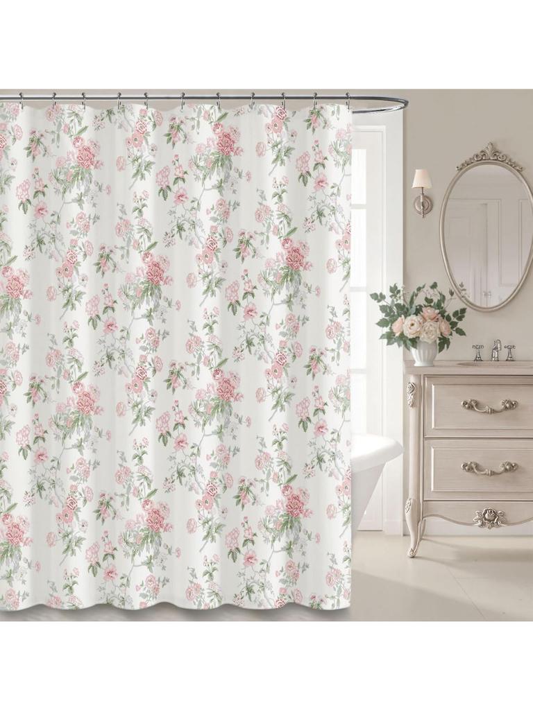 Pink And Sage Green Floral Vintage Shower Curtain,Cottage Core Cotton Shower Curtains For Bathroom,72Wx72H