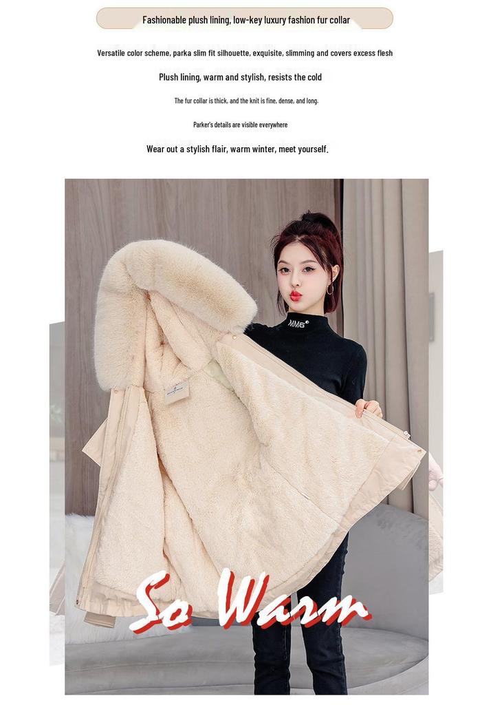 Petite Women's Thickened Down Parka with Fleece, Large Fur Collar, Korean Style, Waist-Cinched Hooded Jacket